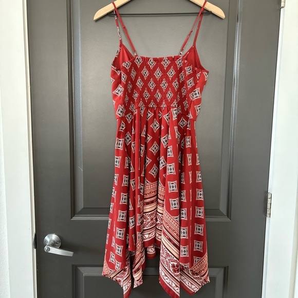 Band of Gypsies Handkerchief Scarf Print Asymmetrical Midi Red Boho Sun Dress - Picture 4 of 8